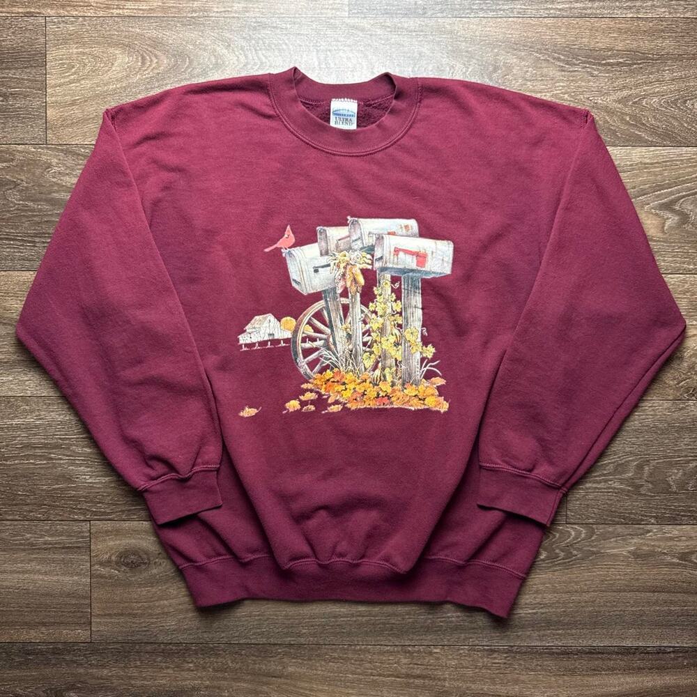Y2K Burgundy Fall Mailbox Crewneck Sweatshirt with Graphic of a Mailbox